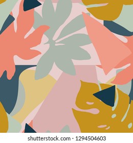 Contemporary floral seamless pattern. Modern exotic jungle fruits and plants illustration in vector.