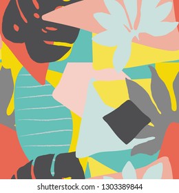 Contemporary floral seamless pattern. Modern exotic jungle fruits and plants illustration in vector.