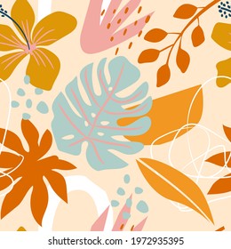 Contemporary floral seamless pattern. Modern exotic jungle leaves, flowers and shapes illustration in vector.  Mid Century Modern Art design for paper, cover, fabric, interior decor etc.