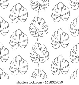 Contemporary floral seamless pattern. One line continuous monstera leaves. Black and white composition. Texture for textile, packaging, wrapping paper, social media post etc. Vector illustration.