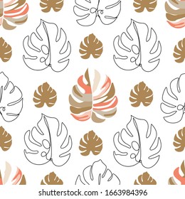 Contemporary floral seamless pattern. One line monstera leaves and abstract. Texture for textile, packaging, wrapping paper, social media post etc. Vector illustration.