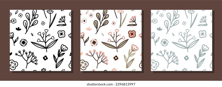 Contemporary floral seamless pattern set. Abstract seamless pattern vector illustration. fabric design. Modern organic hand drawn nature doodle, simple cartoon design. spring summer collection.