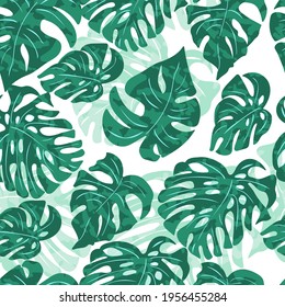 Contemporary floral seamless pattern.Green tone monstera  leaves drawn with textures  and сhaotically located.Modern botanical background.Trendy fabric design,wrapping paper.Vector illustration.
