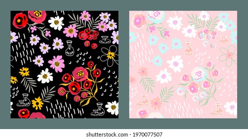 Contemporary floral seamless patterns with primitive hand drawn flowers and jugs on black and pink backgrounds. For textile, fabric print, packing, wrapping, wallpaper, cover. Vector.