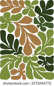 Contemporary floral shapes with leaves, Folk style. Mid-Century Modern Art design for wrapping paper, cover, fabric or textile, interior decor, and other