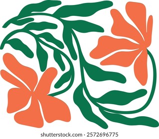 Contemporary floral shapes with leaves, Folk style. Mid-Century Modern Art design for wrapping paper, cover, fabric or textile, interior decor, and other