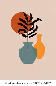 Contemporary floral vase poster. Abstract minimal wallpaper, botanical wall decor, pottery with flowers. Vector illustration