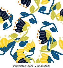 Patrón de flores contemporáneas sin soldadura. Un bonito fondo de flores estilizadas. Papel de pared naïf decorativo. Para el diseño de tejidos, impresión textil, papel de envoltura, cubierta. Ilustración del vector