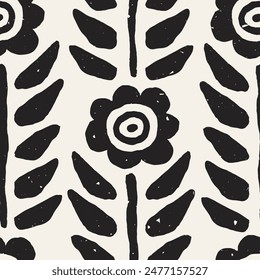 Contemporary Flowers and Leaves black and white seamless pattern Modern hand drawn botanical background with textured floral ornament. Minimal design with plant, Fashionable repeat vector illustration