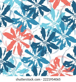 Contemporary Flowers and Leaves Painting ,Seamless Hand Drawn Pattern Delicate multicolored flowers and tropical leaves on pastel background.