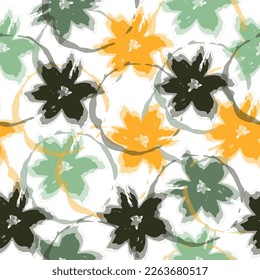 Contemporary Flowers and Leaves Painting ,Seamless Hand Drawn Pattern Delicate multicolored flowers and tropical leaves on pastel background.
