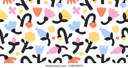 Contemporary flowers, vector abstract tulips and bell flower in bright colors. Vector seamless pattern. Modern trendy botanical design for fashion print, fabric, wallpaper and wrapping paper.