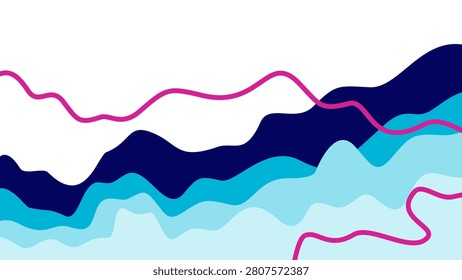 Contemporary fluid wave layout template. Abstract layered backdrop in cool colors of navy and ice blue with magenta outlines. Eye-catching.
