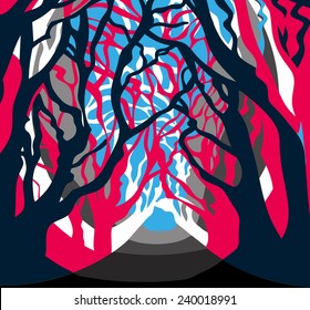 Contemporary forest, trees alley vector 