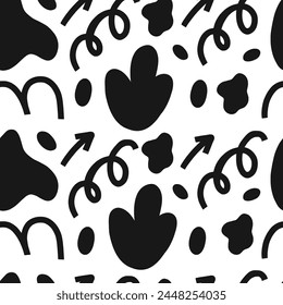 Contemporary forms seamless pattern. Abstract playful shapes. Curls, arrows, spots in trendy groovy cartoon style. Flat vector illustration.