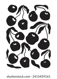 Contemporary fruits print with cherry berry, curvy leaves. Abstract black and white organic botanical poster. Vector card in minimal style. Trendy gallery art Illustration, banner, flyer, template.