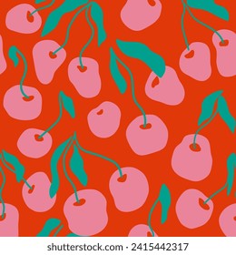 Contemporary fruits seamless pattern. Abstract pink cherry on red background. Abstract organic floral print with berry and leaves. Vector modern botanical wallpaper, wrapping paper, textile design