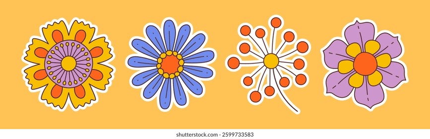 Contemporary fun groovy floral set. Hand drawn trendy flat style isolated simple naive flowers. Groovy flower Sticker pack in retro trippy style. Hippie 60s, 70s doodle style. Vector illustration