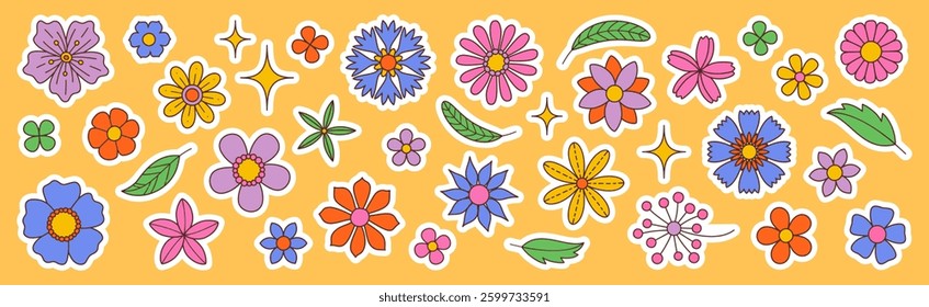 Contemporary fun groovy floral set. Hand drawn trendy flat style isolated simple naive flowers. Groovy flower Sticker pack in retro trippy style. Hippie 60s, 70s doodle style. Vector illustration