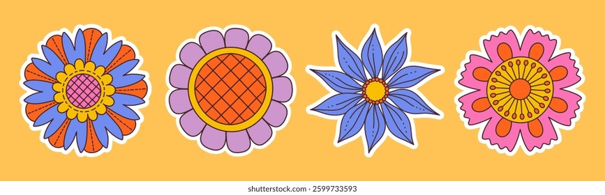 Contemporary fun groovy floral set. Hand drawn trendy flat style isolated simple naive flowers. Groovy flower Sticker pack in retro trippy style. Hippie 60s, 70s doodle style. Vector illustration