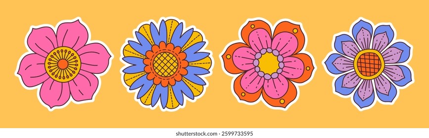 Contemporary fun groovy floral set. Hand drawn trendy flat style isolated simple naive flowers. Groovy flower Sticker pack in retro trippy style. Hippie 60s, 70s doodle style. Vector illustration