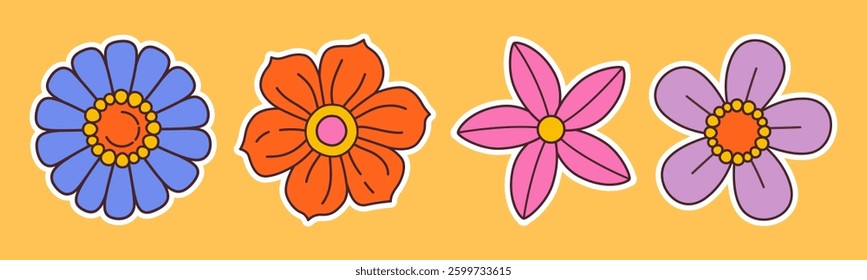 Contemporary fun groovy floral set. Hand drawn trendy flat style isolated simple naive flowers. Groovy flower Sticker pack in retro trippy style. Hippie 60s, 70s doodle style. Vector illustration