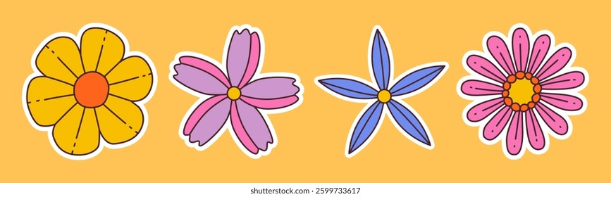 Contemporary fun groovy floral set. Hand drawn trendy flat style isolated simple naive flowers. Groovy flower Sticker pack in retro trippy style. Hippie 60s, 70s doodle style. Vector illustration