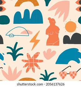 Contemporary funky beach surf culture seamless pattern. Vector illustration.