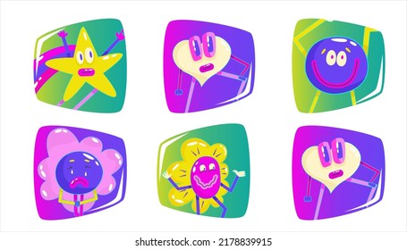 Contemporary funny smile avatar square set in retro comic style. Psychedelic emotions smile character in area. Modern retro abstract design. Round, heart, star character emoji. Pop art sticker pack