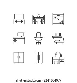 Contemporary furniture for apartment pixel perfect linear icons set. Living room and office space. Homeware. Customizable thin line symbols. Isolated vector outline illustrations. Editable stroke