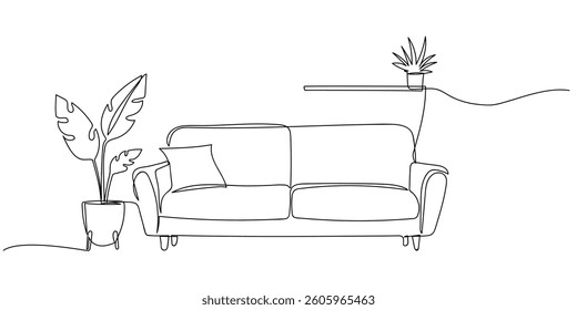 Contemporary furniture in Scandinavian style one continuous line drawing. Sofa, floor lamp and potted plant for living room or hotel concept in simple linear style. Doodle vector illustration