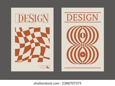 Zeitgenössische futuristische Plakate. Ein Satz moderner Cover mit minimalistischer Silhouette, grafischen Elementen, Grundzeichnungen, geometrischen Formen. Konzeptionelles Business Design im Retro-Stil. Brutalismus-Druck