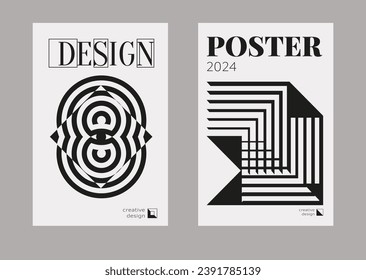 Contemporary futuristic posters. A set of modern covers with a minimalistic silhouette, graphic elements, basic drawings, geometric shapes. Conceptual business design in retro style. Brutalism print