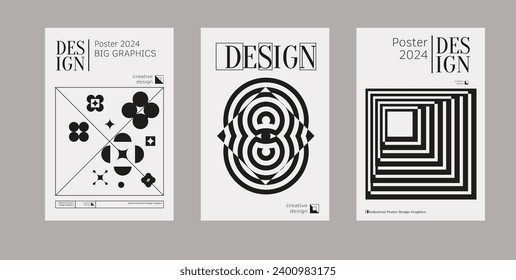 Contemporary futuristic posters. A set of modern covers with a minimalistic silhouette, graphic elements, basic drawings, geometric shapes. Conceptual business design in retro style. Brutalism print