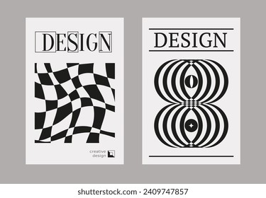 Contemporary futuristic posters. A set of modern covers with a minimalistic silhouette, graphic elements, basic drawings, geometric shapes. Conceptual business design in retro style. Brutalism print