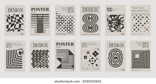 Contemporary futuristic posters. A set of modern covers with a minimalistic silhouette, graphic elements, basic drawings, geometric shapes. Conceptual business design in retro style. Brutalism print