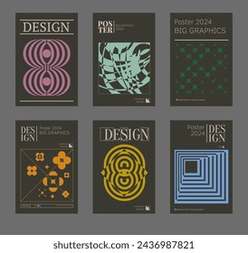 Contemporary futuristic posters. A set of modern covers with a minimalistic silhouette, graphic elements, basic drawings, geometric shapes. Conceptual business design in retro style. Brutalism print