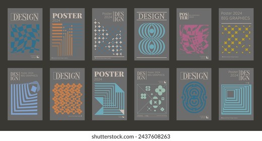 Contemporary futuristic posters. A set of modern covers with a minimalistic silhouette, graphic elements, basic drawings, geometric shapes. Conceptual business design in retro style. Brutalism print
