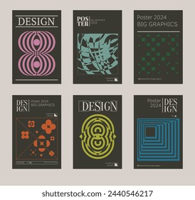 Contemporary futuristic posters. A set of modern covers with a minimalistic silhouette, graphic elements, basic drawings, geometric shapes. Conceptual business design in retro style. Brutalism print
