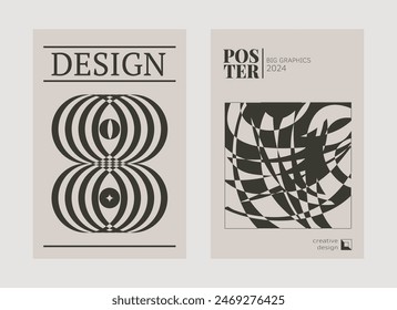 Contemporary futuristic posters. A set of modern covers with a minimalistic silhouette, graphic elements, basic drawings, geometric shapes. Conceptual business design in retro style. Brutalism print