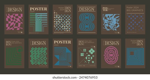 Contemporary futuristic posters. A set of modern covers with a minimalistic silhouette, graphic elements, basic drawings, geometric shapes. Conceptual business design in retro style. Brutalism print