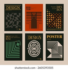 Contemporary futuristic posters. A set of modern covers with a minimalistic silhouette, graphic elements, basic drawings, geometric shapes. Conceptual business design in retro style. Brutalism print