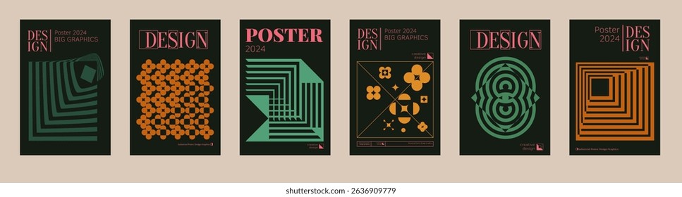 Contemporary futuristic posters. A set of modern covers with a minimalistic silhouette, graphic elements, basic drawings, geometric shapes. Conceptual business design in retro style. Brutalism print