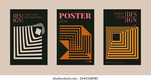 Contemporary futuristic posters. A set of modern covers with a minimalistic silhouette, graphic elements, basic drawings, geometric shapes. Conceptual business design in retro style. Brutalism print