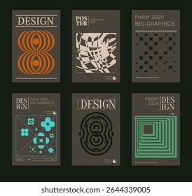 Contemporary futuristic posters. A set of modern covers with a minimalistic silhouette, graphic elements, basic drawings, geometric shapes. Conceptual business design in retro style. Brutalism print