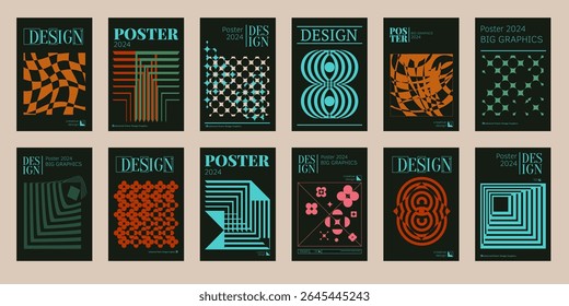 Contemporary futuristic posters. A set of modern covers with a minimalistic silhouette, graphic elements, basic drawings, geometric shapes. Conceptual business design in retro style. Brutalism print