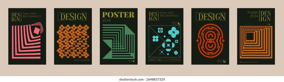 Contemporary futuristic posters. A set of modern covers with a minimalistic silhouette, graphic elements, basic drawings, geometric shapes. Conceptual business design in retro style. Brutalism print