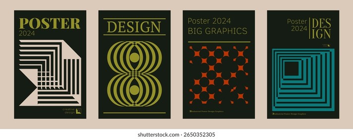 Contemporary futuristic posters. A set of modern covers with a minimalistic silhouette, graphic elements, basic drawings, geometric shapes. Conceptual business design in retro style. Brutalism print