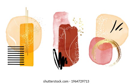 Arte geométrico contemporáneo, balance de color, abstracción de pared para fondo. , boho impresión moderna, líneas negras afiche de pintura de acuarela orgánica de color amarillo anaranjado, vector de impresión escandinavo
