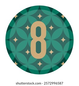 Contemporary Geometric Circle Design Featuring a Gold Number 8 Surrounded by Star-Inspired Patterns on Green